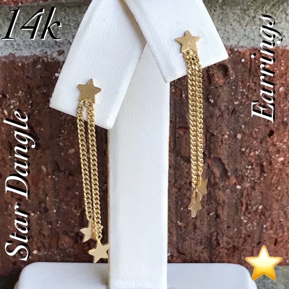 🌹14K Adorable Star Dangle/ Drop Earrings - Picture 1 of 8